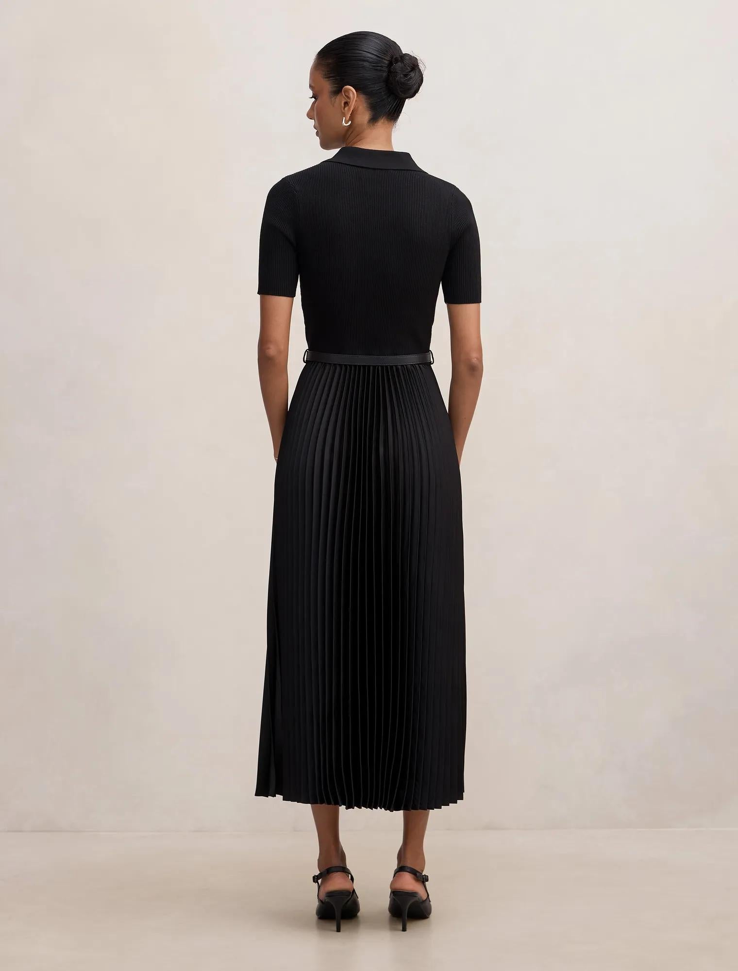 Priya Petite Satin Pleat Dress Black