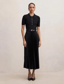 Priya Petite Satin Pleat Dress Black