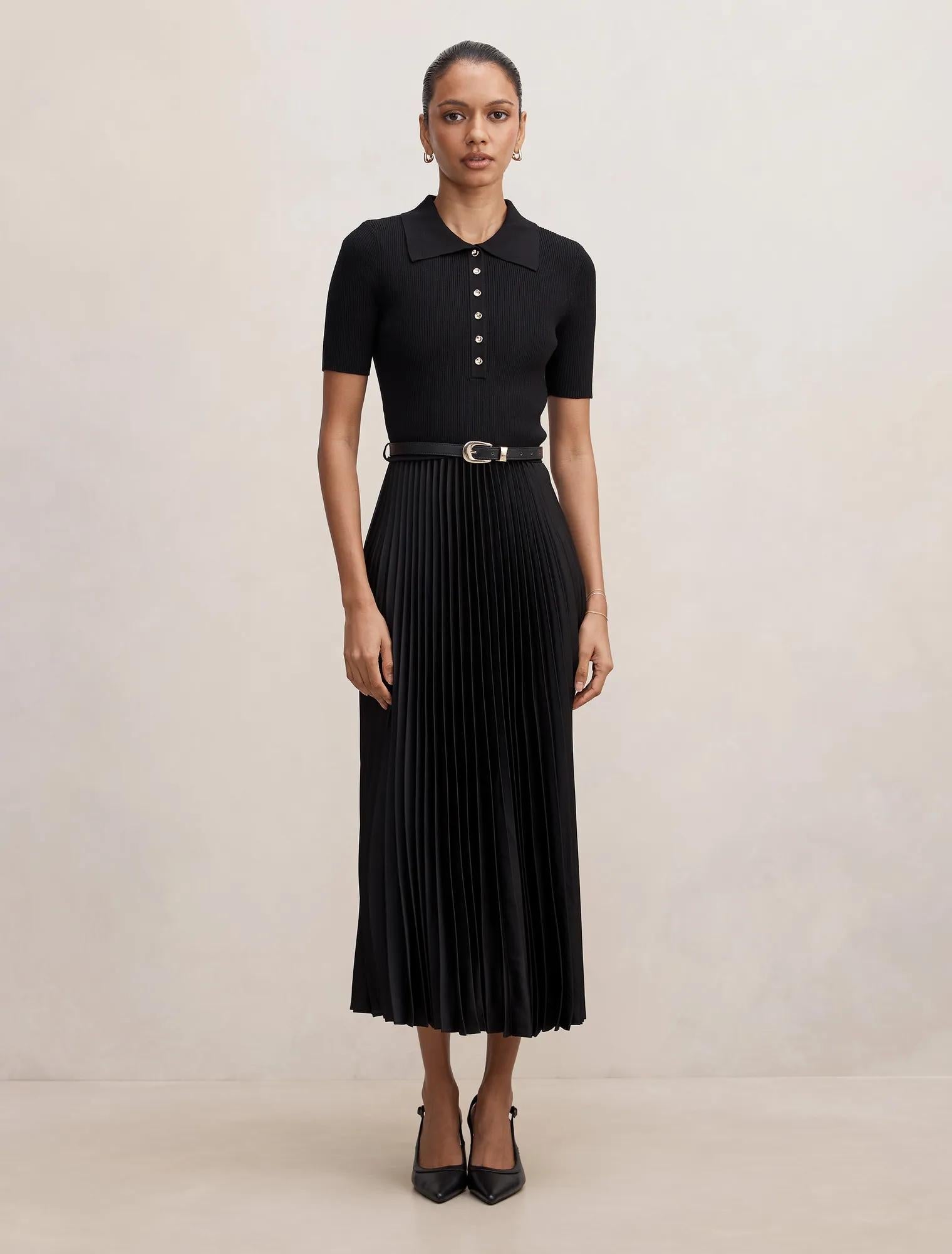 Priya Petite Satin Pleat Dress Black