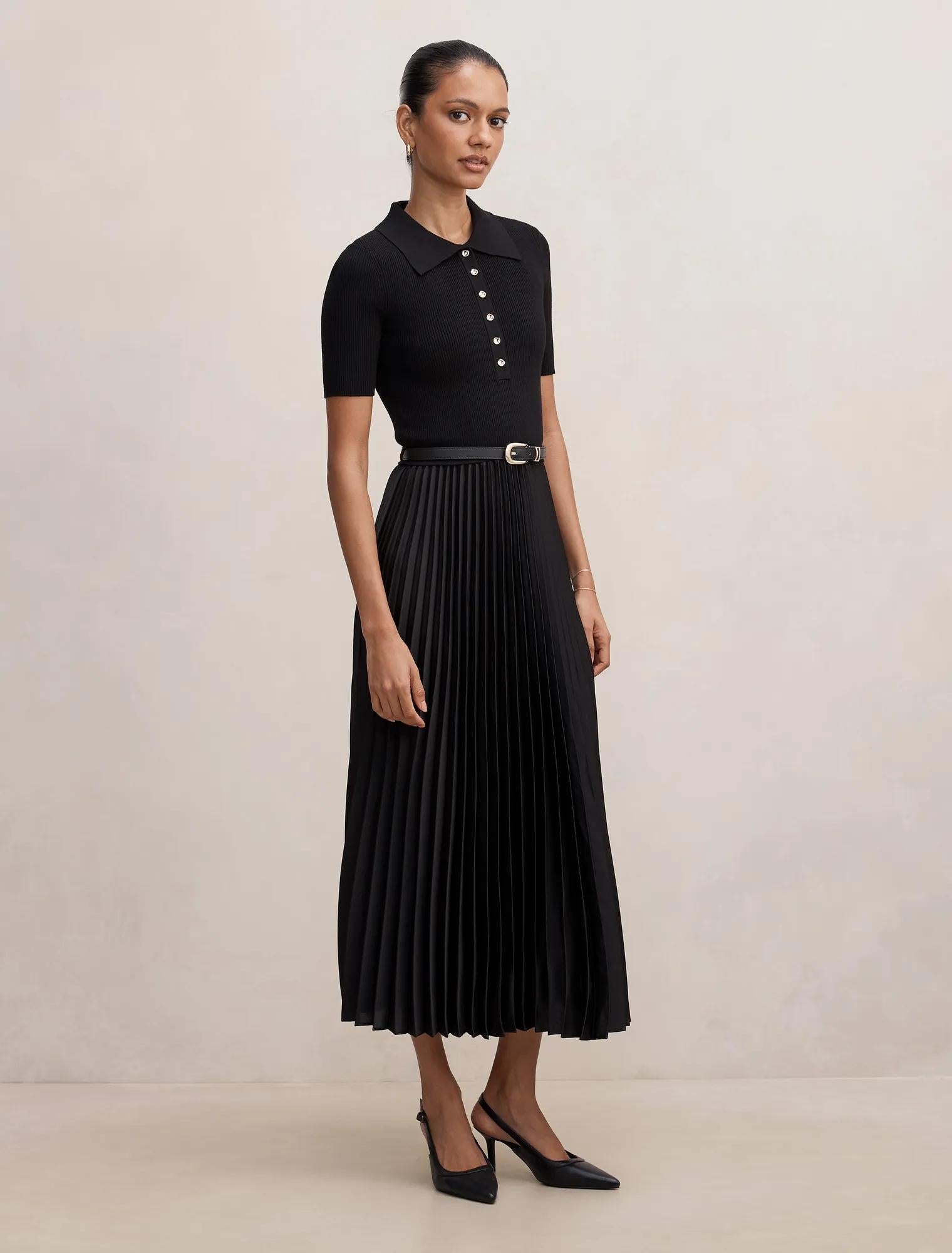Priya Petite Satin Pleat Dress Black