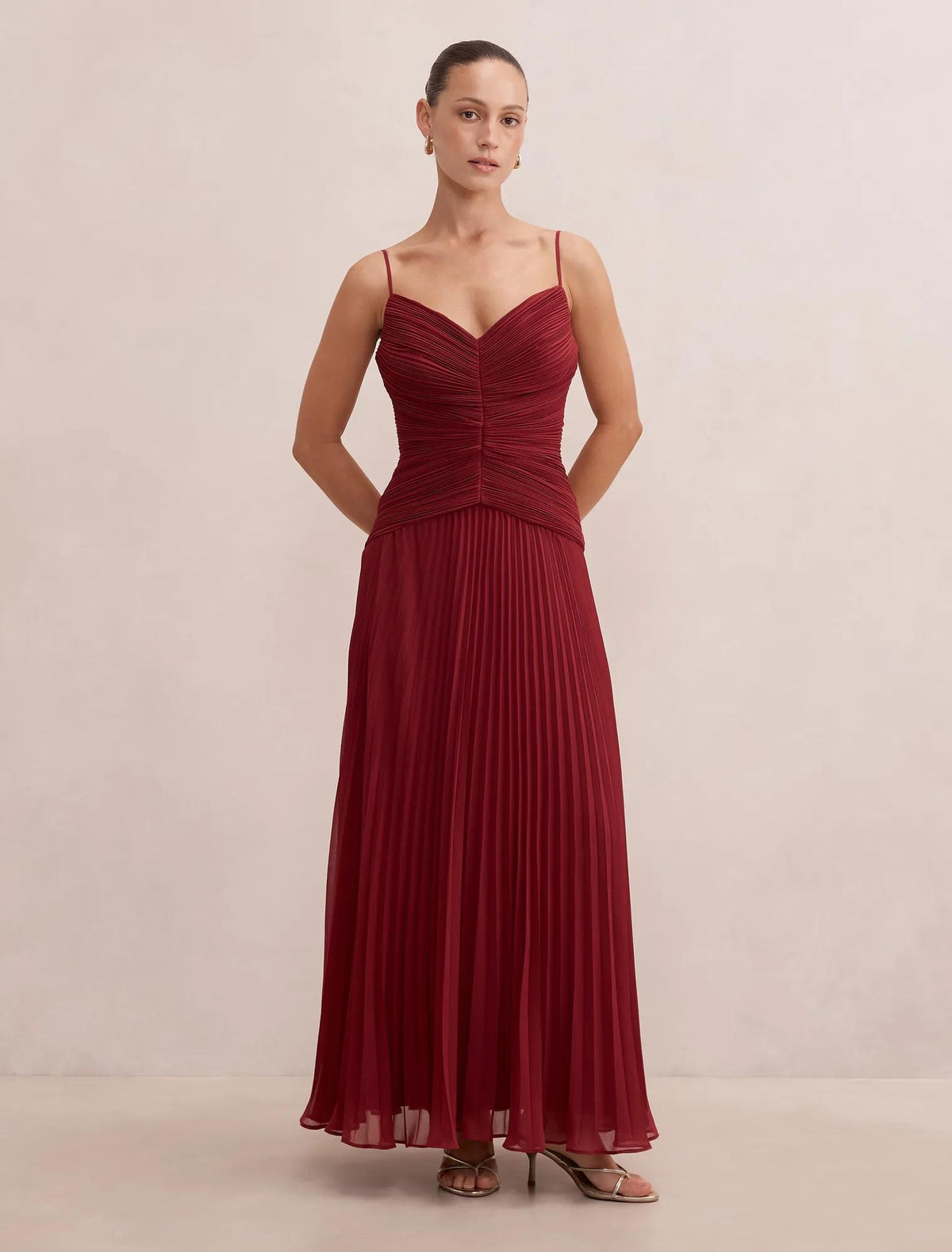 Bella Petite Pleated Maxi Dress Berry Red