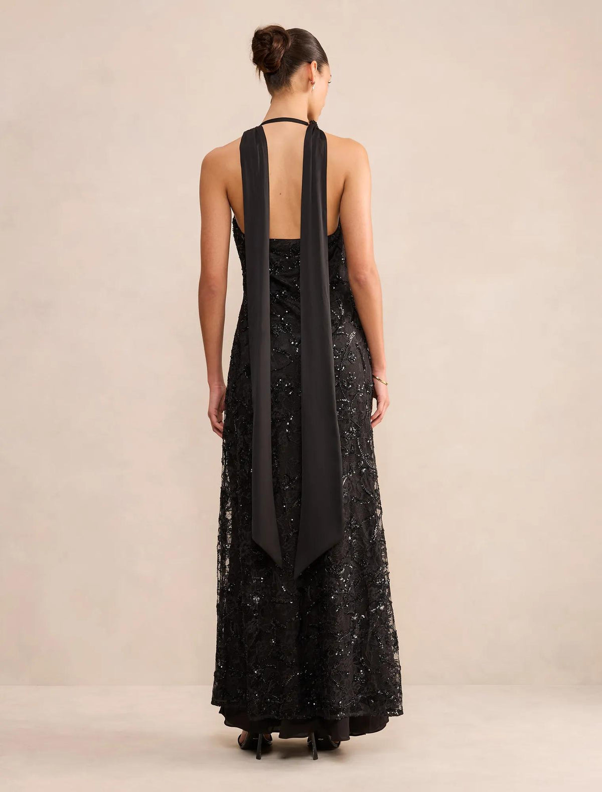 Macy Sequin Lace Halter Maxi Black