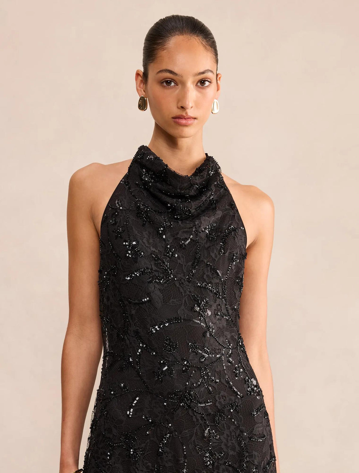 Macy Sequin Lace Halter Maxi Black