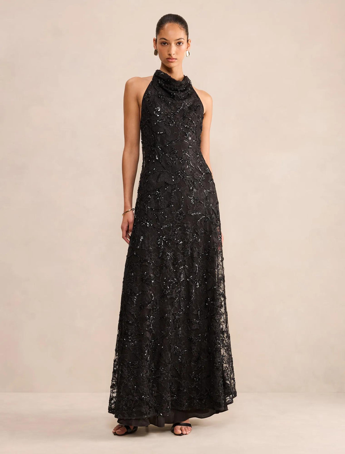 Macy Sequin Lace Halter Maxi Black