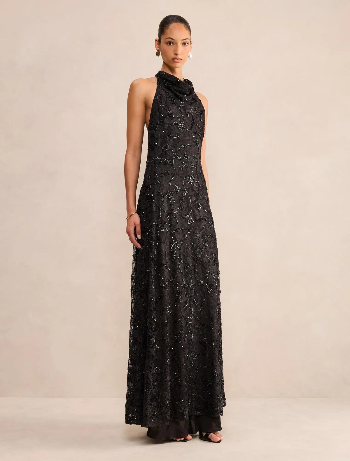 Macy Sequin Lace Halter Maxi Black