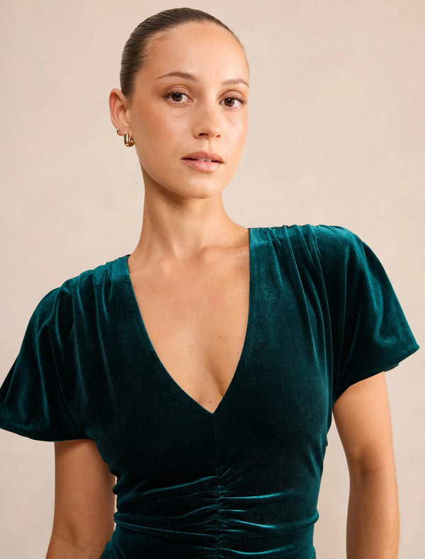 Elma Petite Velvet Ruched Maxi Dark Green