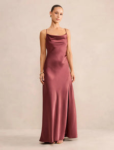 Allora Petite Ruffle Back Satin Maxi Sugar Plum