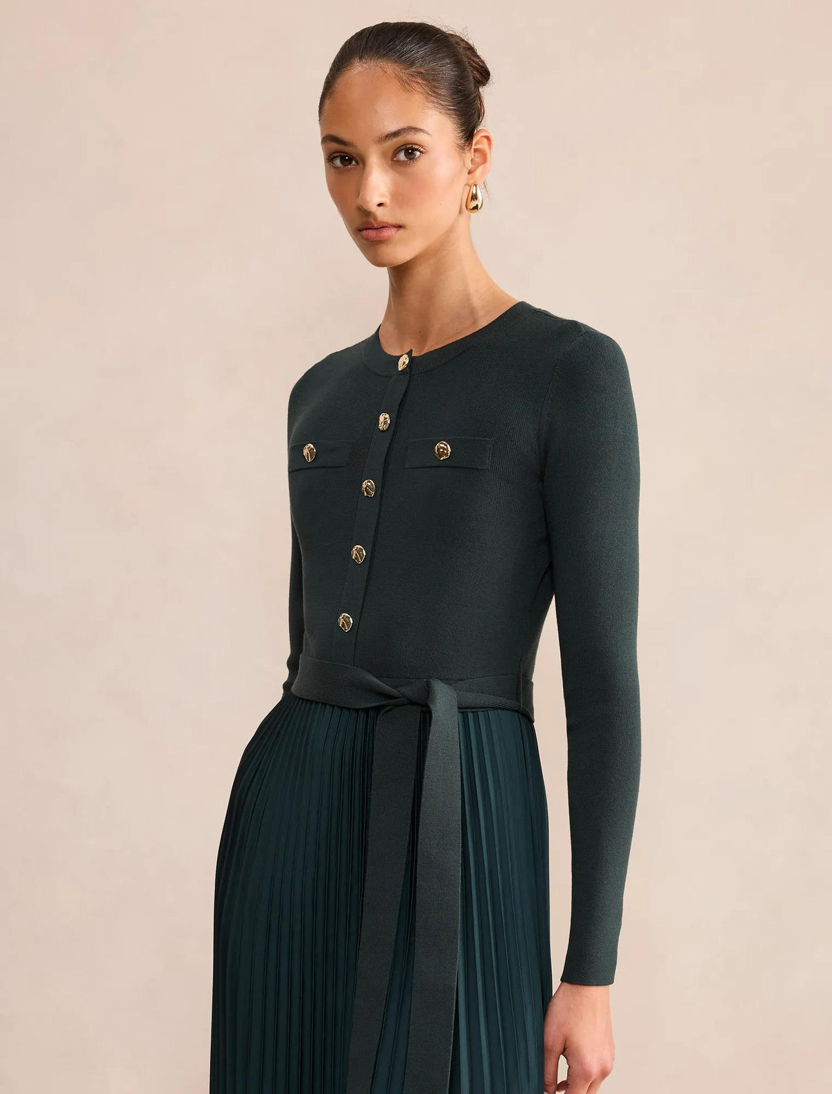 Hailey Woven Mix Knit Dress Deep Green