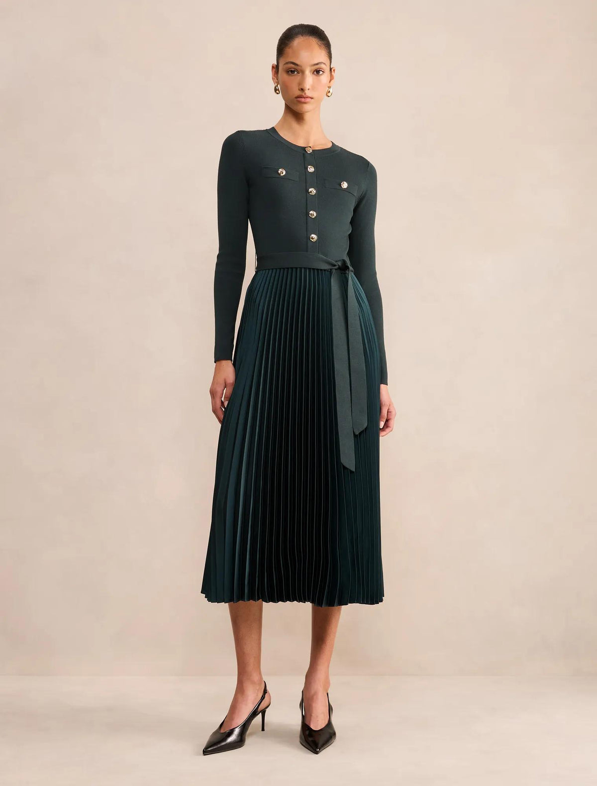 Hailey Woven Mix Knit Dress Deep Green