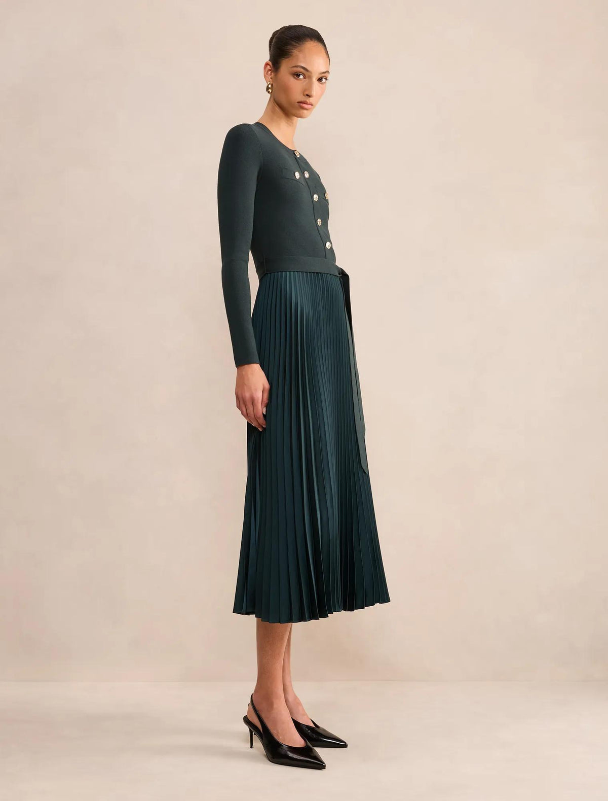Hailey Woven Mix Knit Dress Deep Green