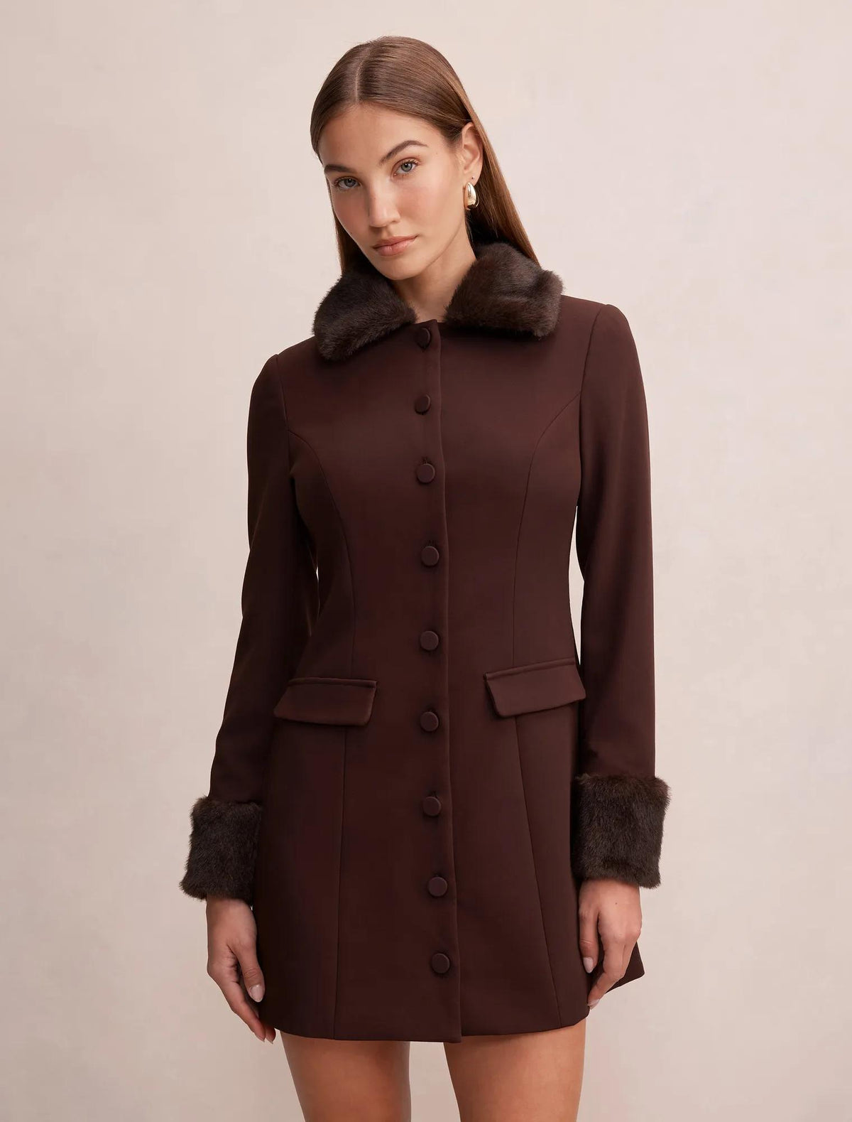 Shelby Fur Cuff Mini Dress Chocolate