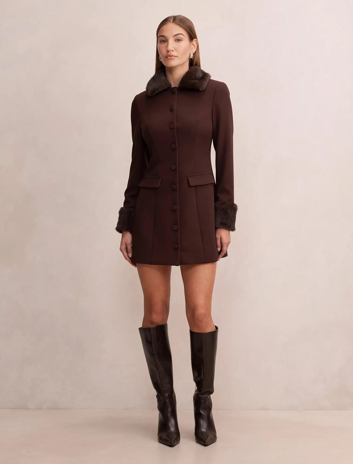 Shelby Fur Cuff Mini Dress Chocolate