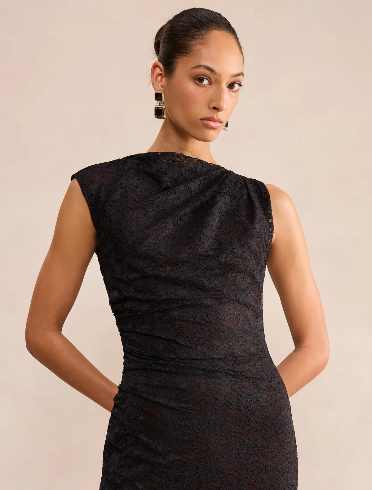 Kaia Asymmetric Lace Midi Dress Black/Choc