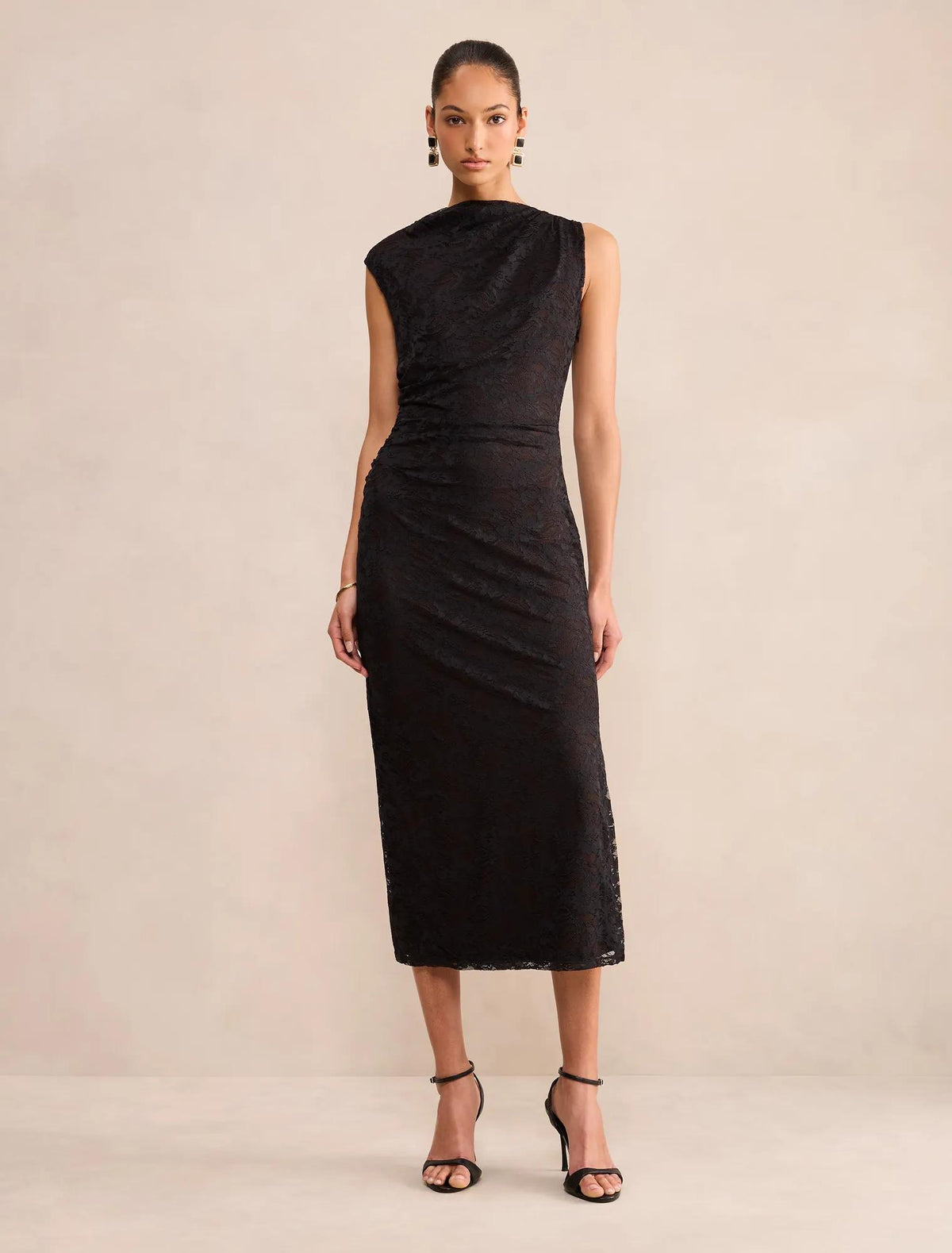 Kaia Asymmetric Lace Midi Dress Black/Choc