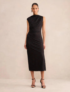 Kaia Asymmetric Lace Midi Dress Black/Choc
