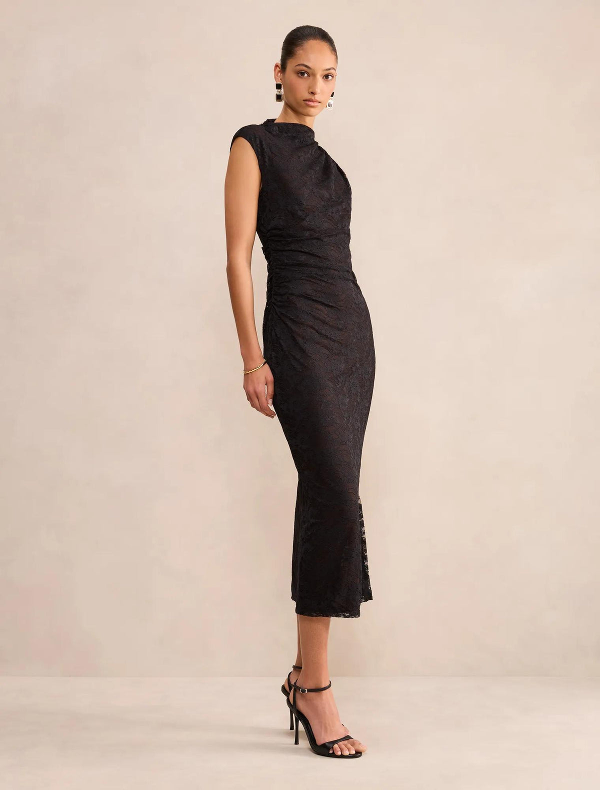 Kaia Asymmetric Lace Midi Dress Black/Choc
