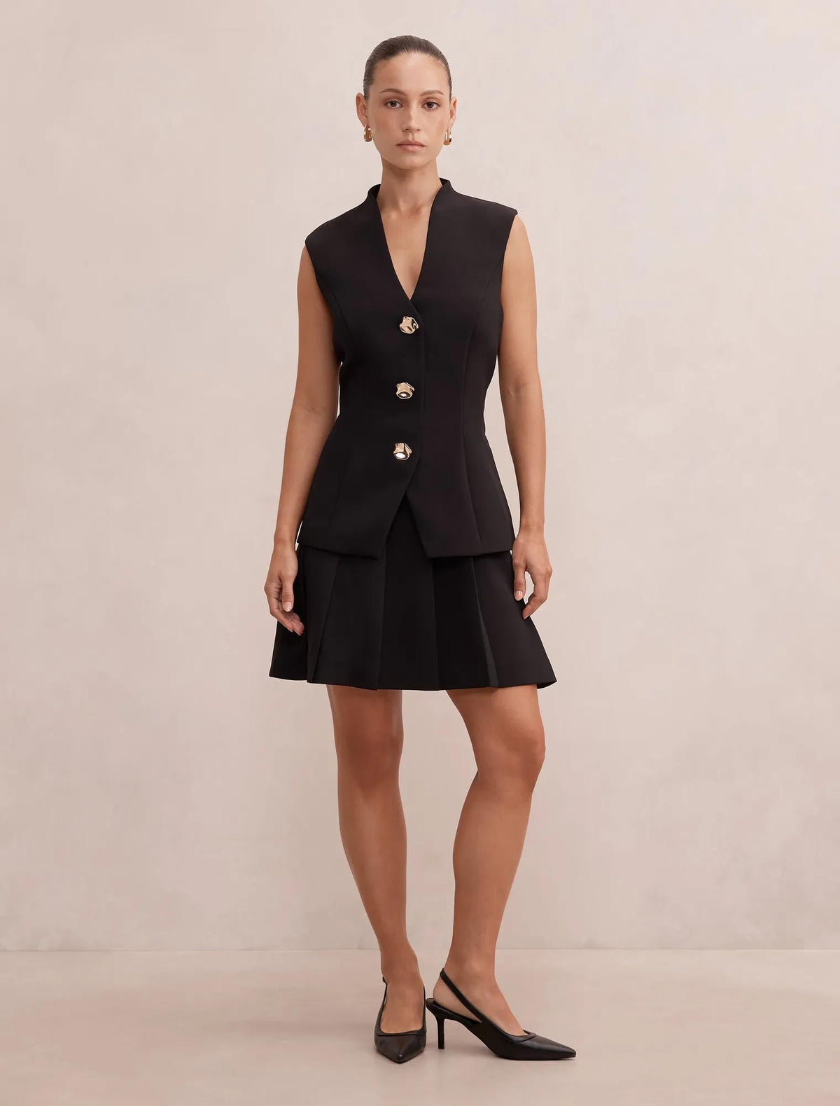Nina Petite Waistcoat Pleat Mini Black