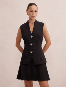 Nina Petite Waistcoat Pleat Mini Black