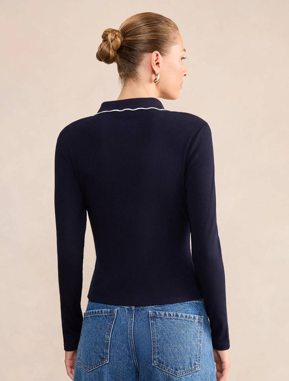 Sarah Scallop Long Sleeve Trim Polo Navy / Porcelain