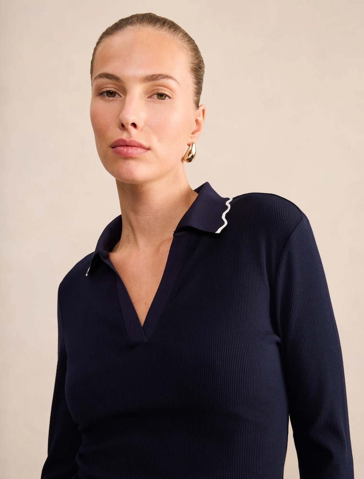 Sarah Scallop Long Sleeve Trim Polo Navy / Porcelain