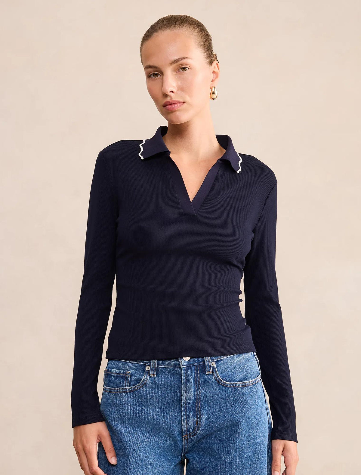 Sarah Scallop Long Sleeve Trim Polo Navy / Porcelain