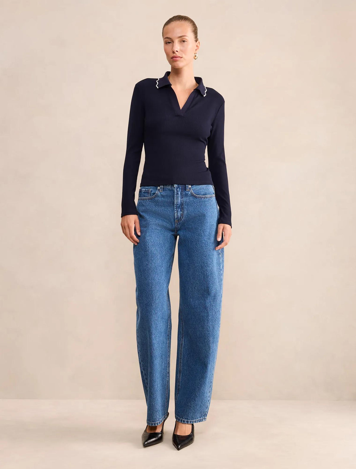 Sarah Scallop Long Sleeve Trim Polo Navy / Porcelain