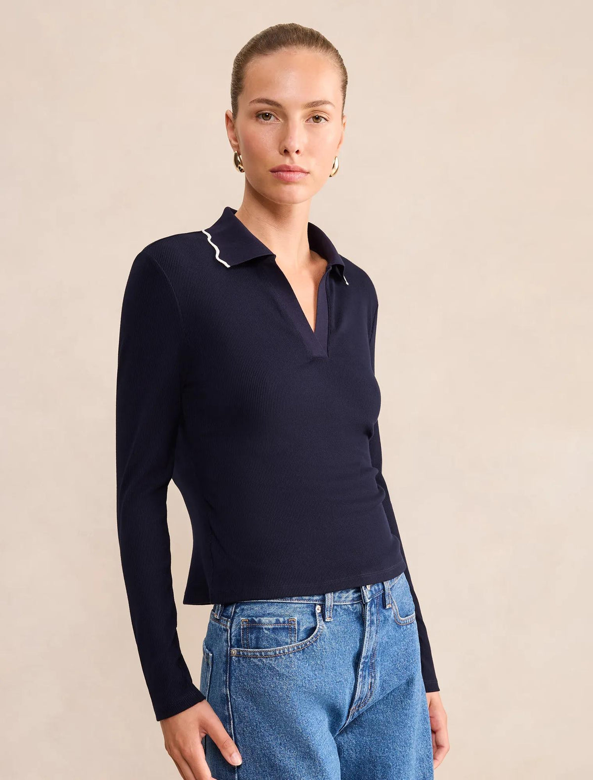 Sarah Scallop Long Sleeve Trim Polo Navy / Porcelain