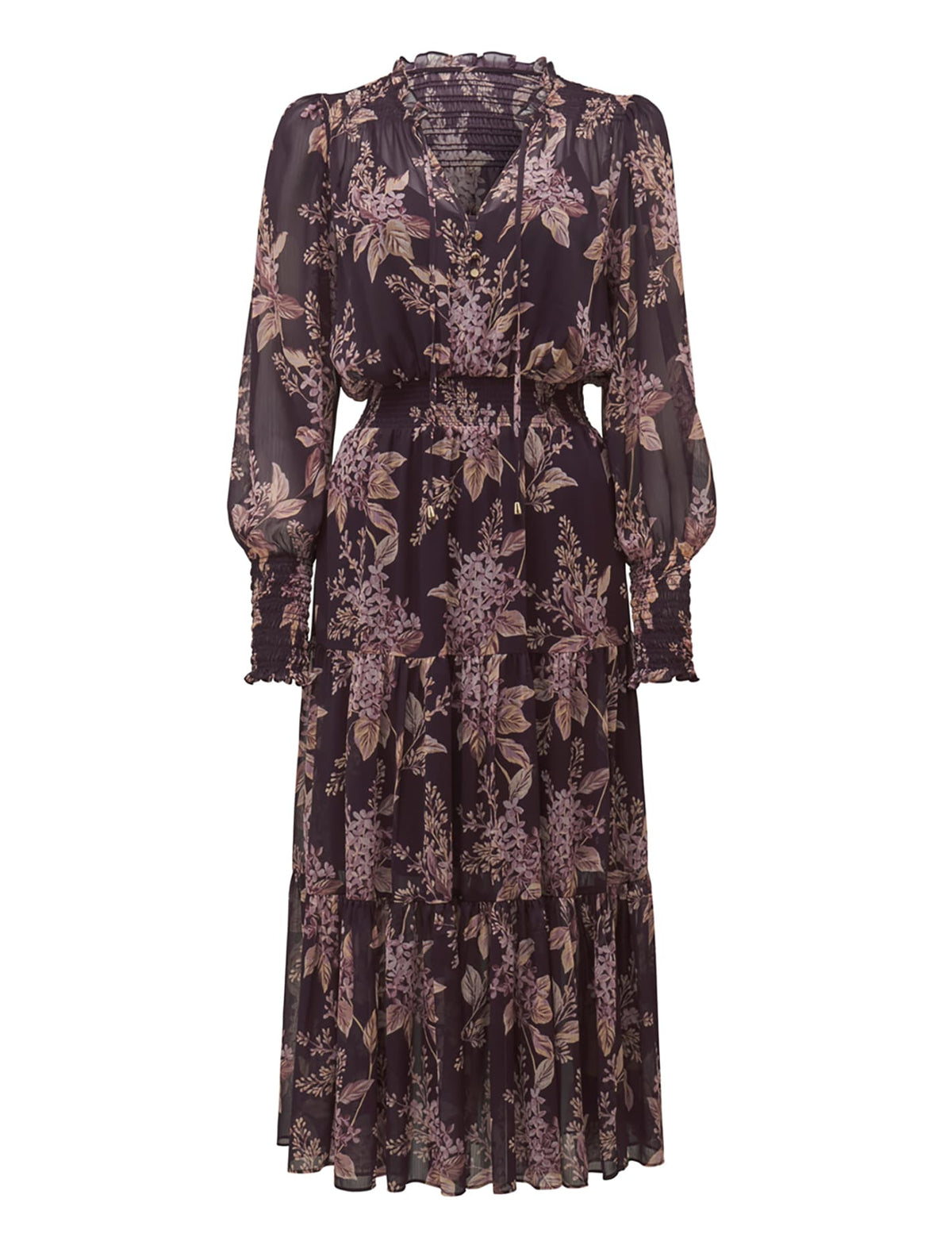 Violet Tiered Midi Dress Plum Floating Blossom_mannequin