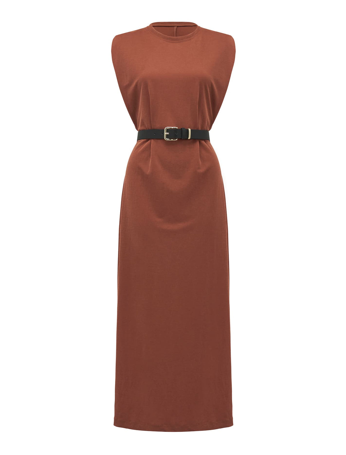 Zoe Extended Shoulder Column Dress Chocolate Brown_mannequin