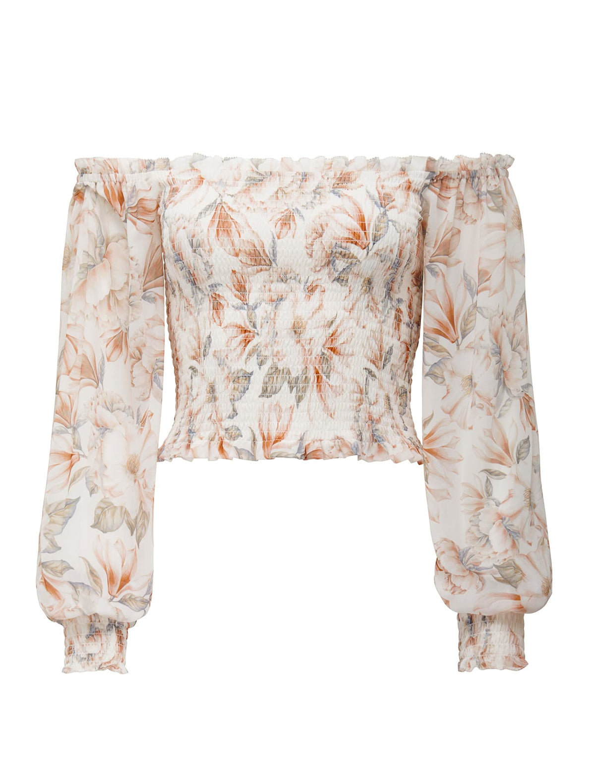 Colette Shirred Off Shoulder Co-ord Faded Coral Floral_mannequin