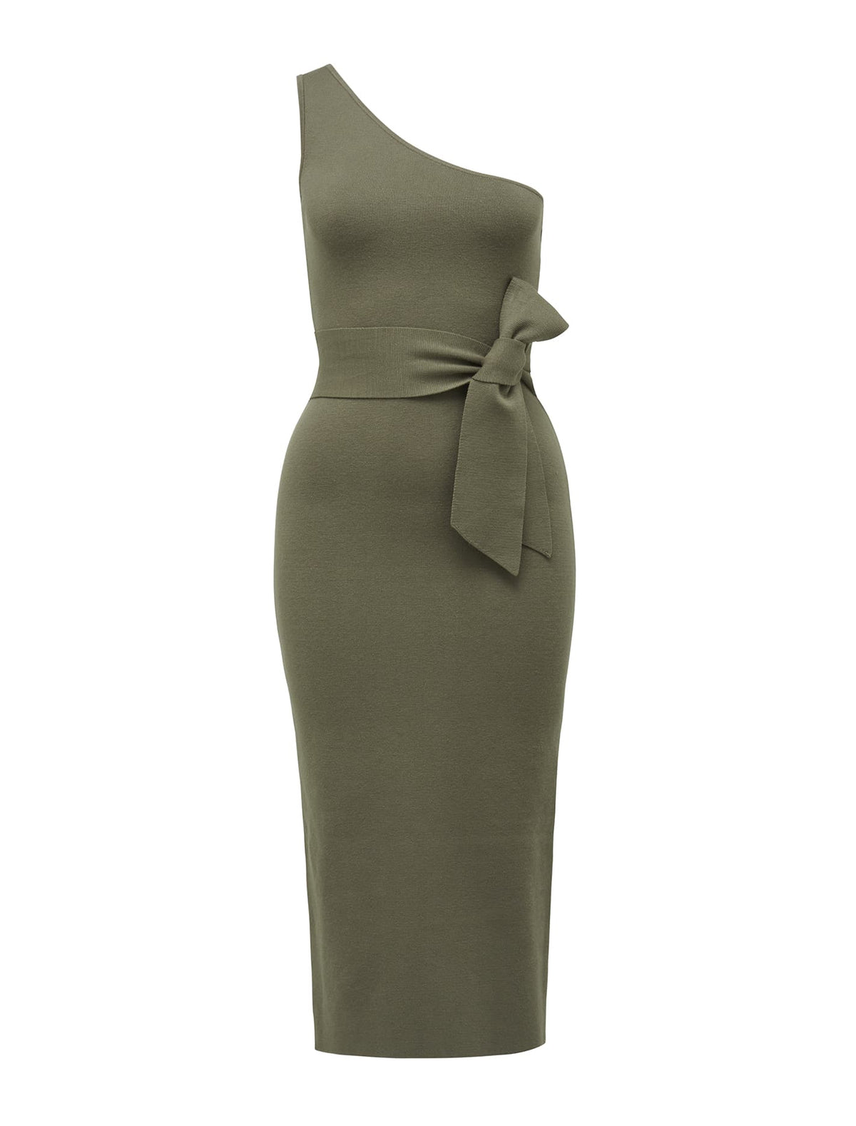 Lauren One Shoulder Midi Knit Dress Khaki_mannequin