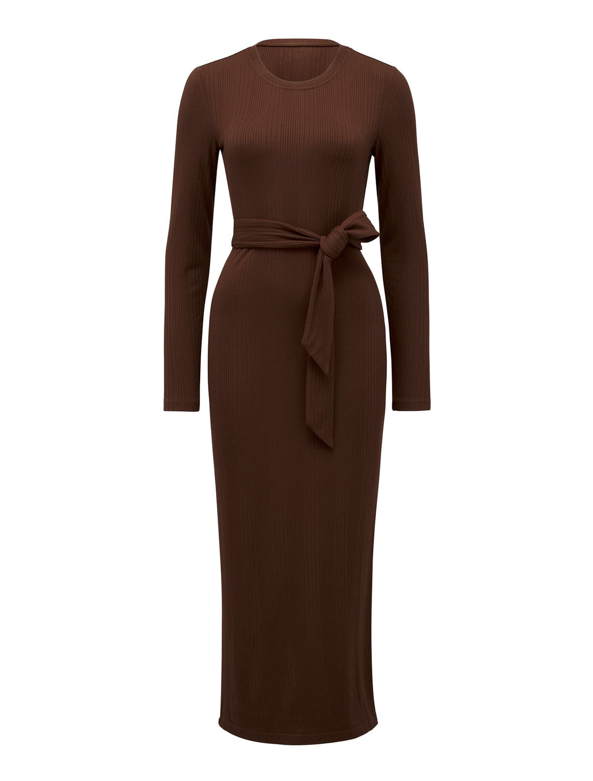 Scarlett Tie Rib Midi Dress Chocolate_mannequin