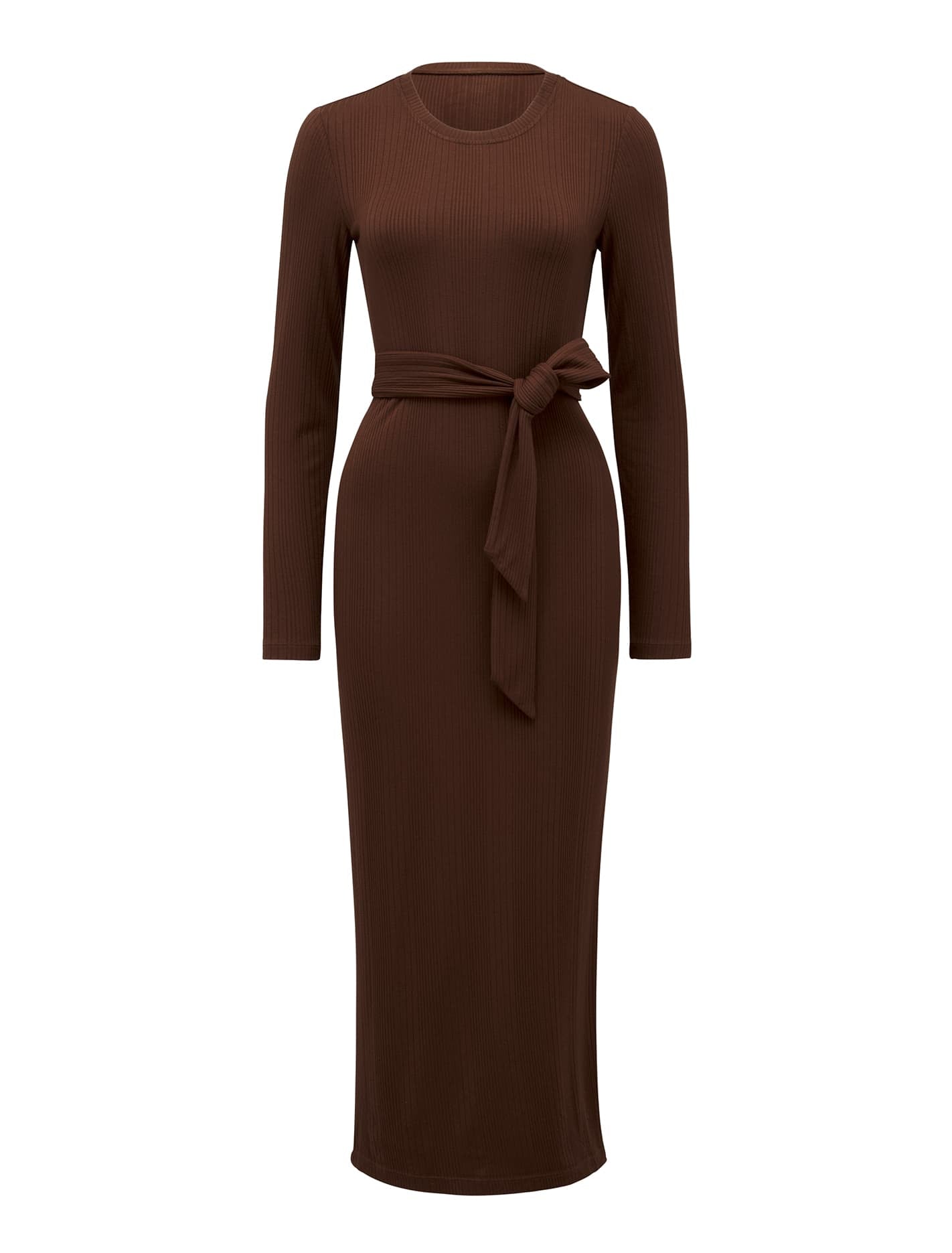 Scarlett Tie Rib Midi Dress Chocolate_mannequin