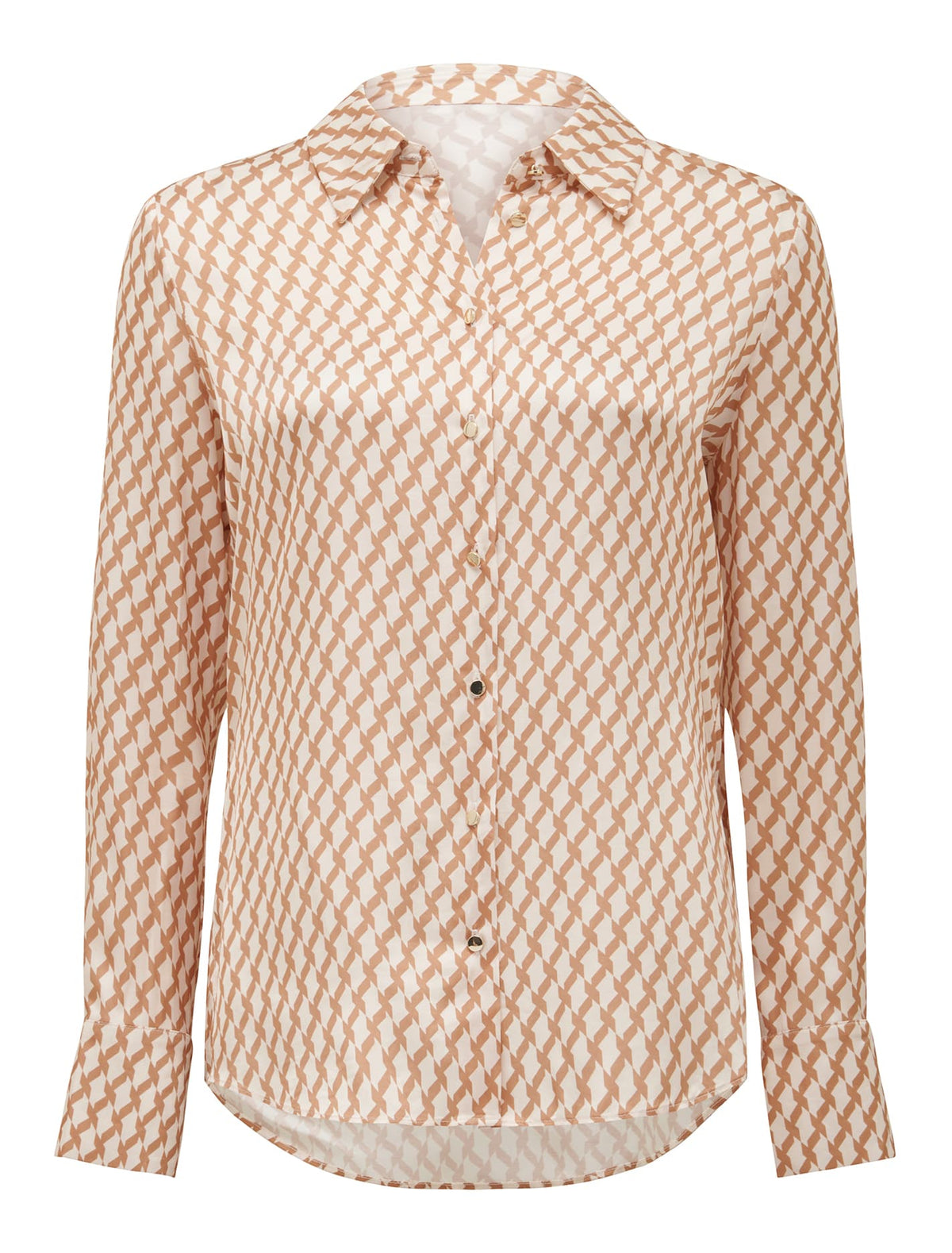 Lila Longline Printed Satin Shirt Tan Porter Geo_mannequin