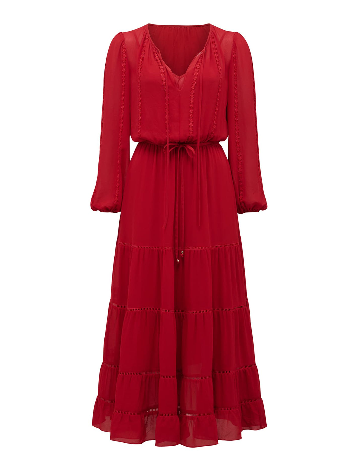 Bridget Tiered Lace Trim Midi Crimson Red_mannequin