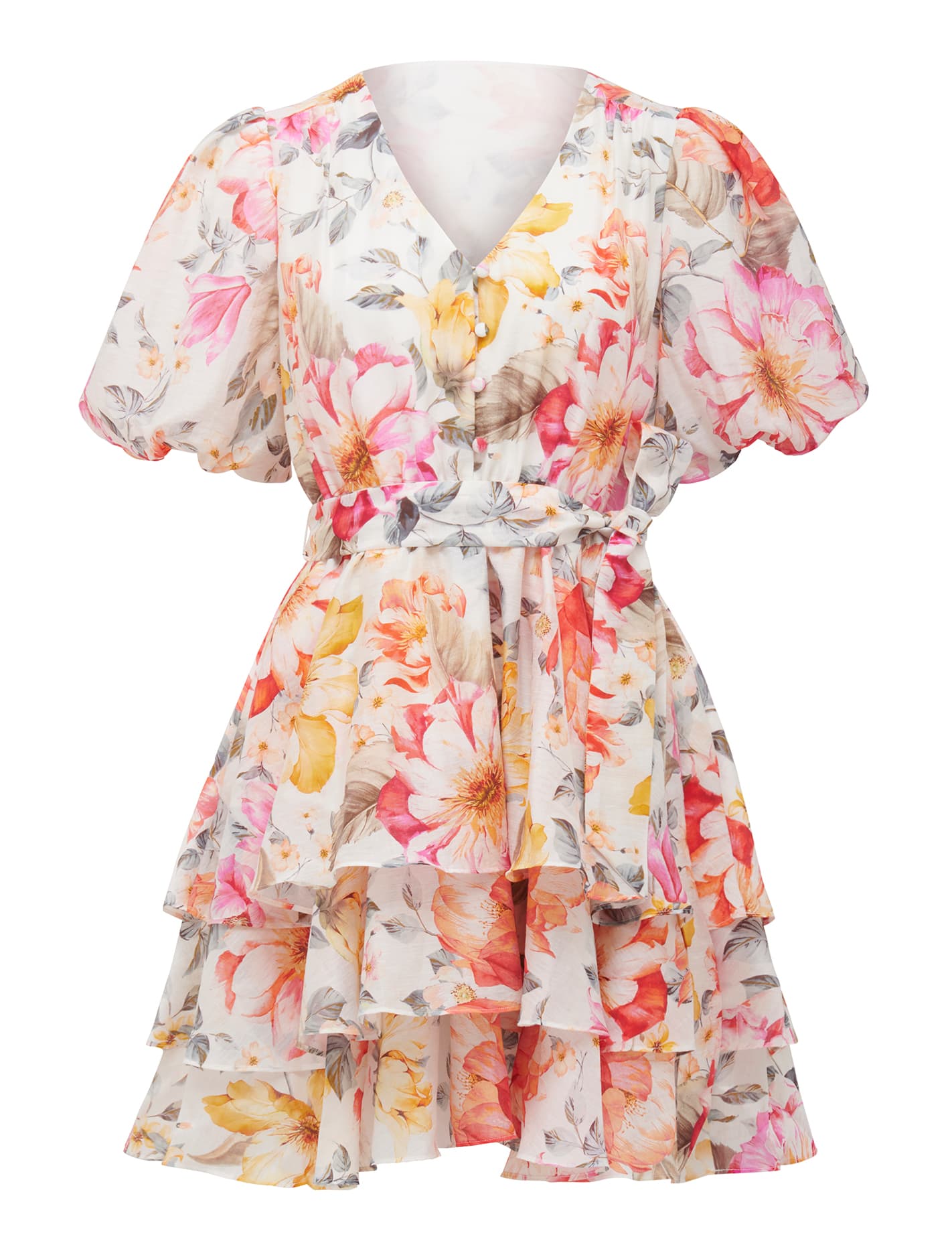 Kelsey Puff Sleeve Mini Dress Peach Haven Floral_mannequin