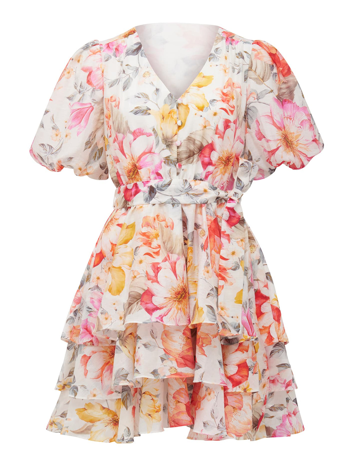 Kelsey Puff Sleeve Mini Dress Peach Haven Floral_mannequin