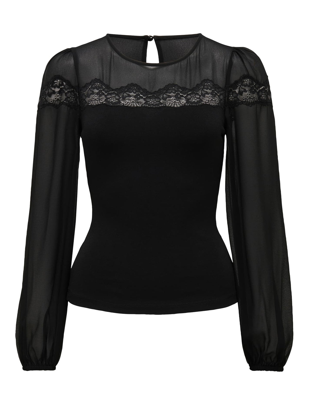 Issy Lace Spliced Sheer Sleeve Top Black_mannequin