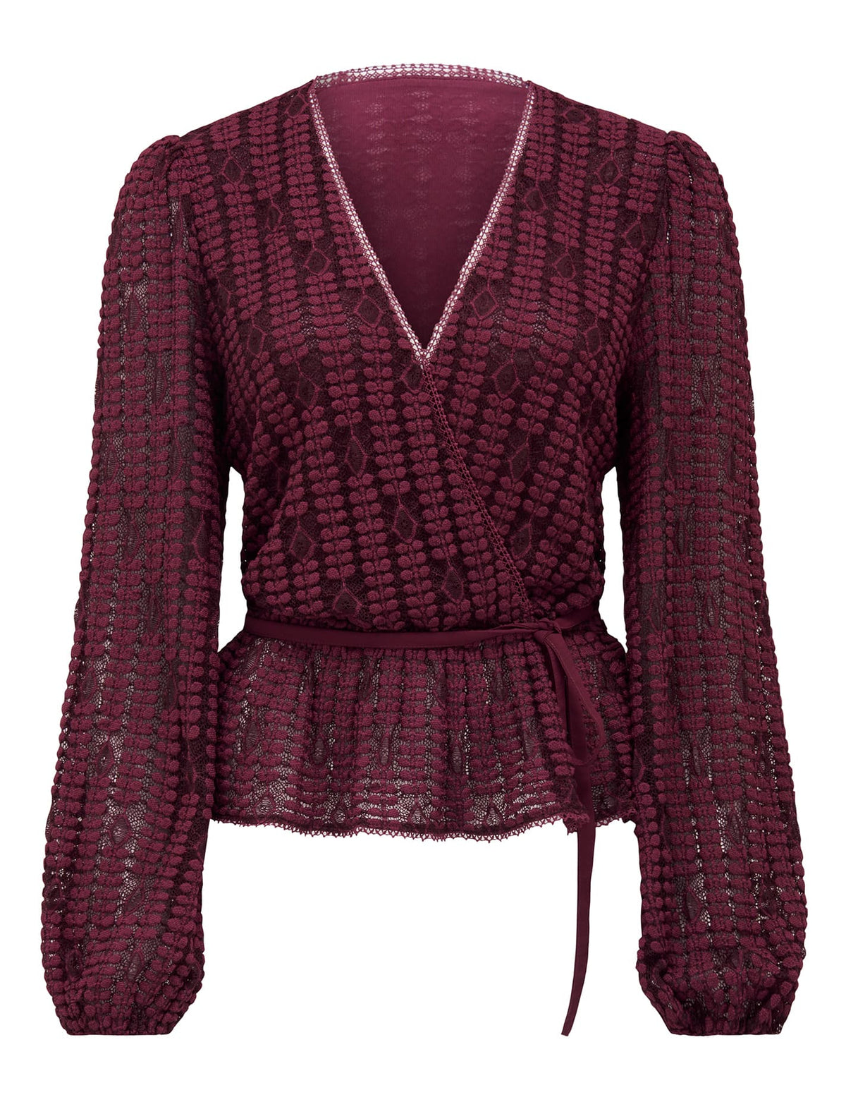 Lara Lace Wrap Blouson Sleeve Top Burgundy_mannequin
