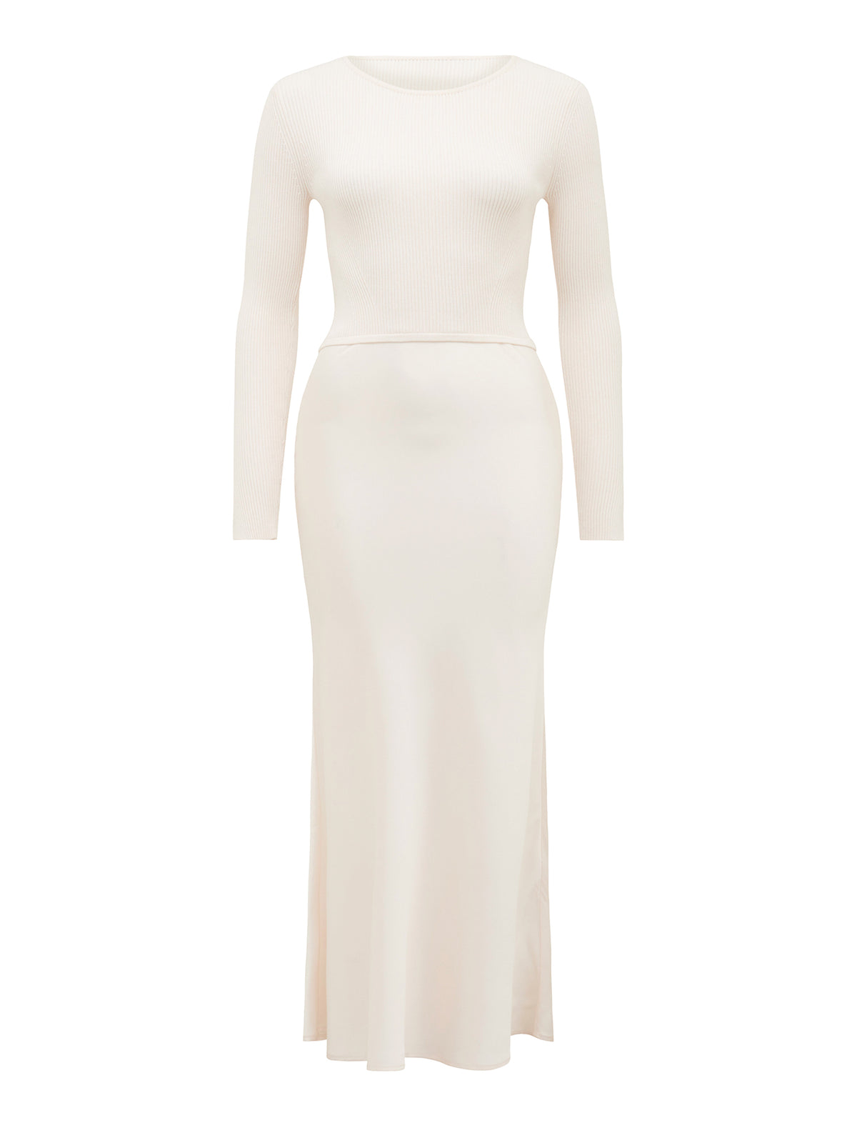 Alicia Long Sleeve Satin Mix Knit Dress Cream_mannequin