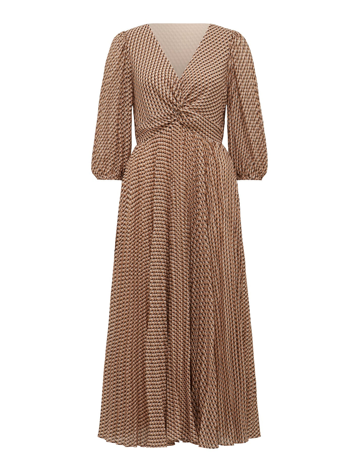 Viviana Twist Front Pleated Midi Camel Tile Geo_mannequin