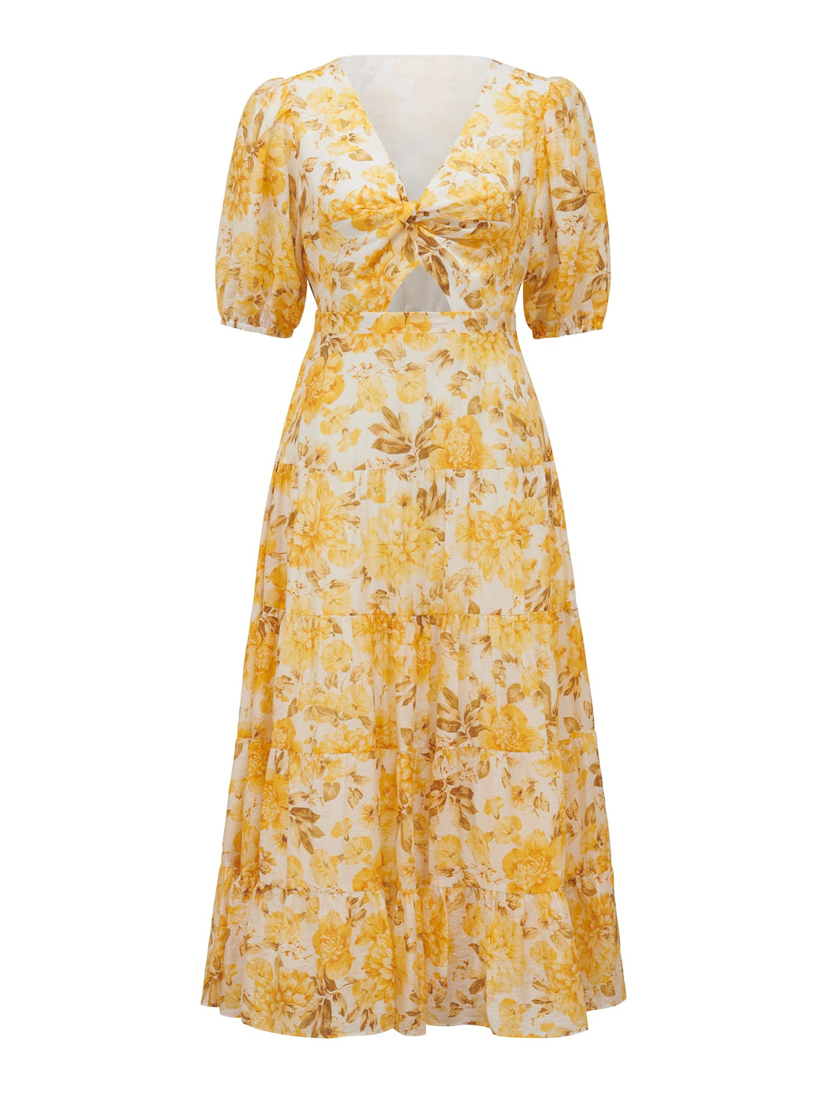 Irina Petite Twist Midi Dress Yellow Peony Floral_mannequin