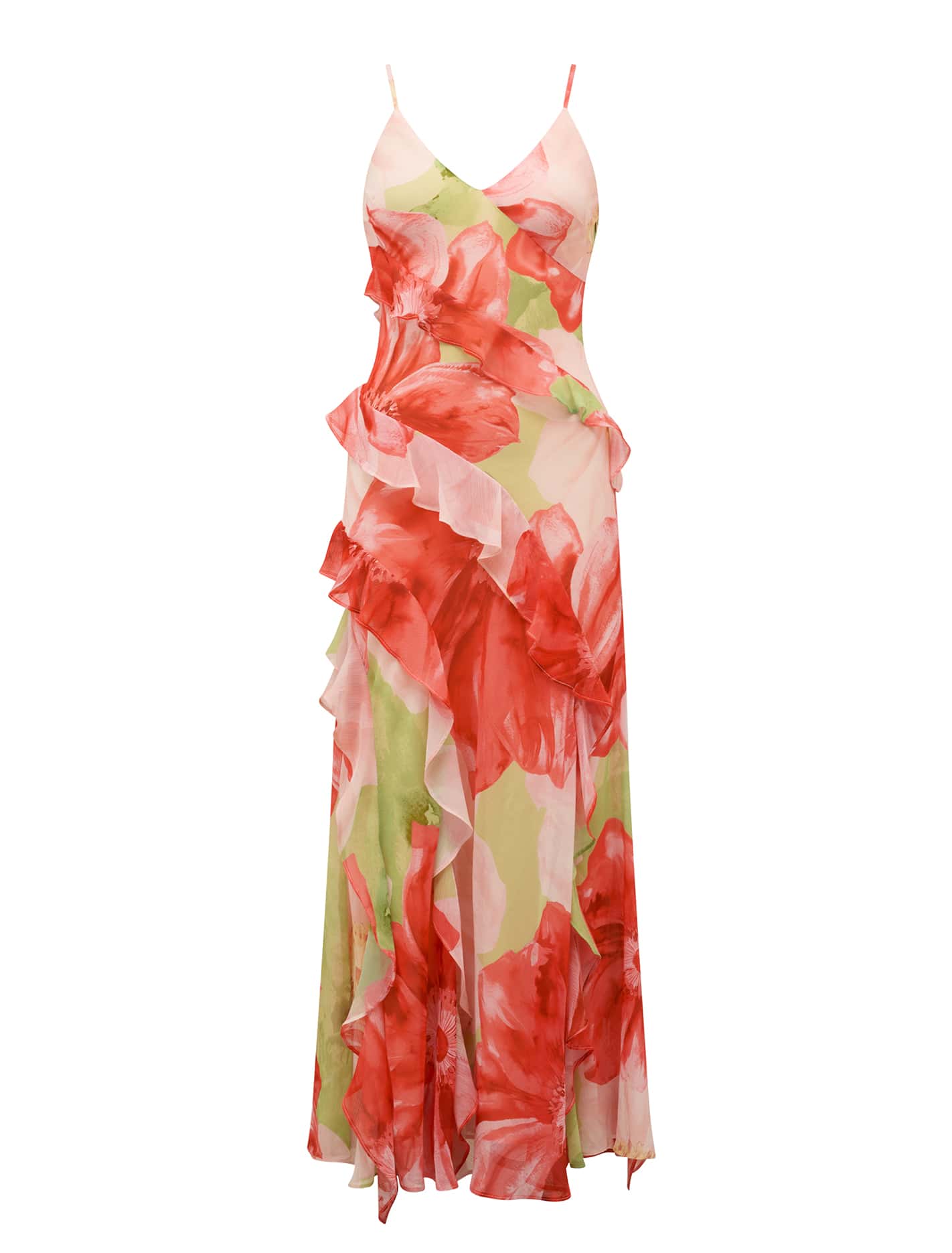 Poppy Ruffle Gown Coral Amara Floral_mannequin