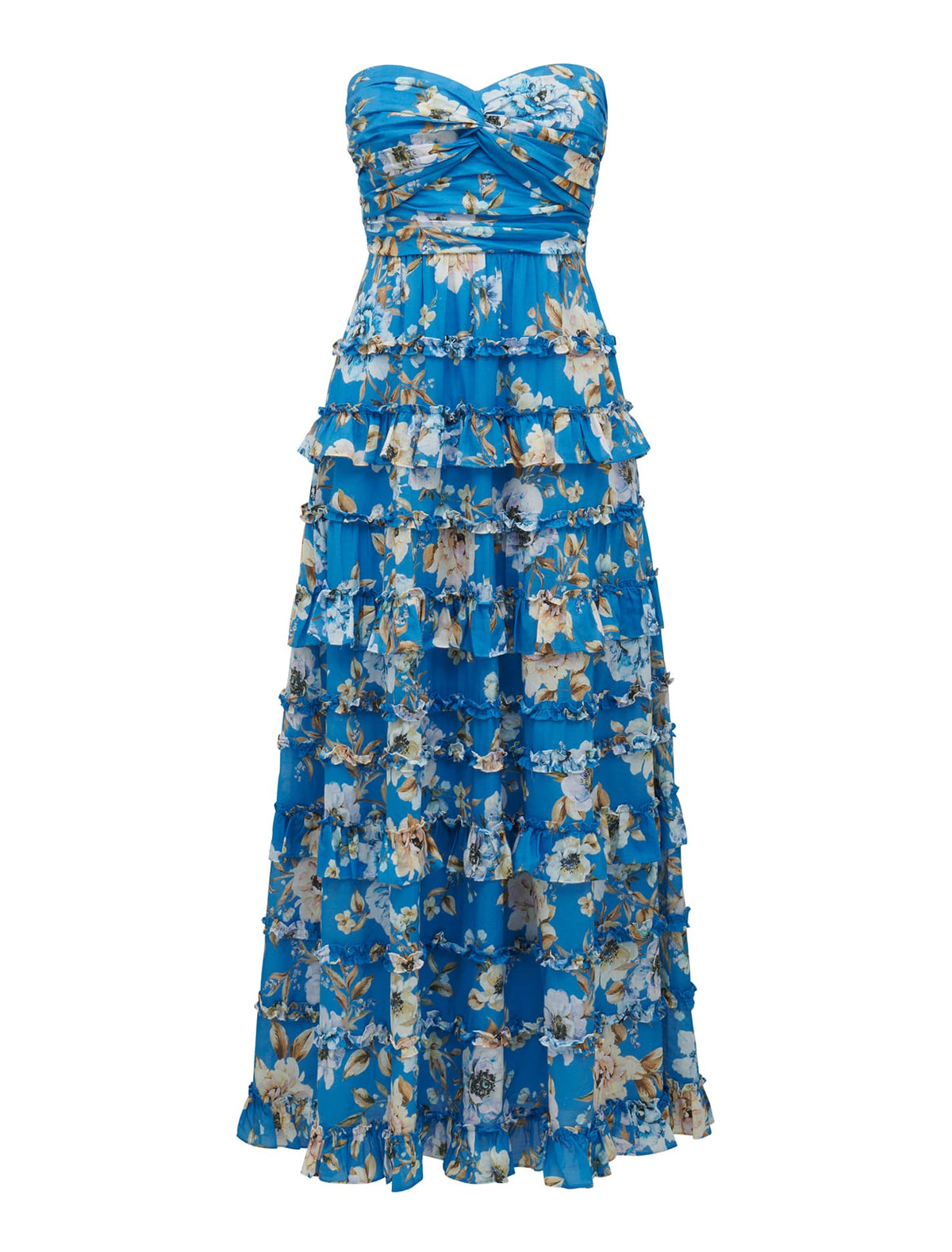 Floreto Strapless Ruffle Maxi Blue Petra Floral_mannequin