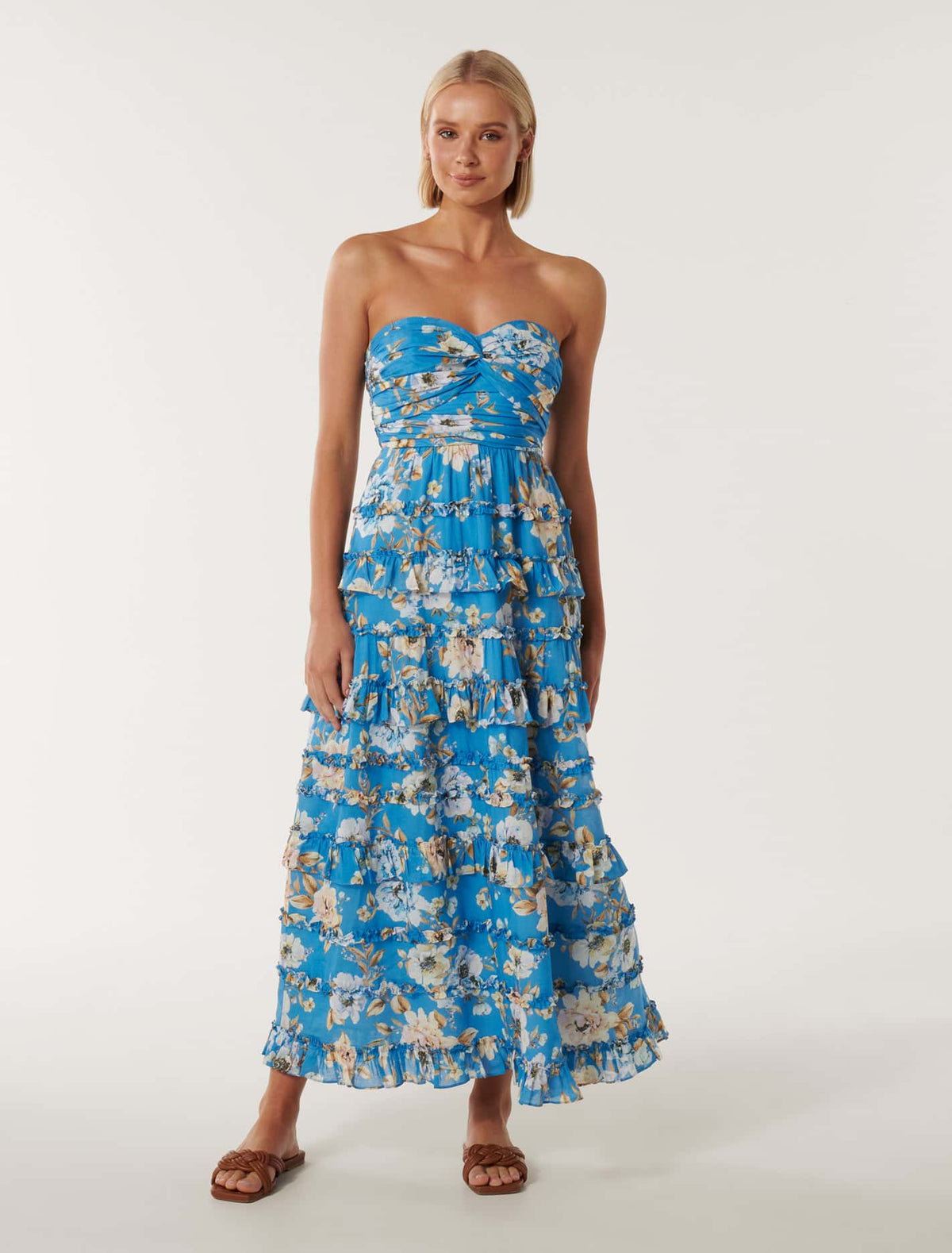 Floreto Strapless Ruffle Maxi Blue Petra Floral_mannequin