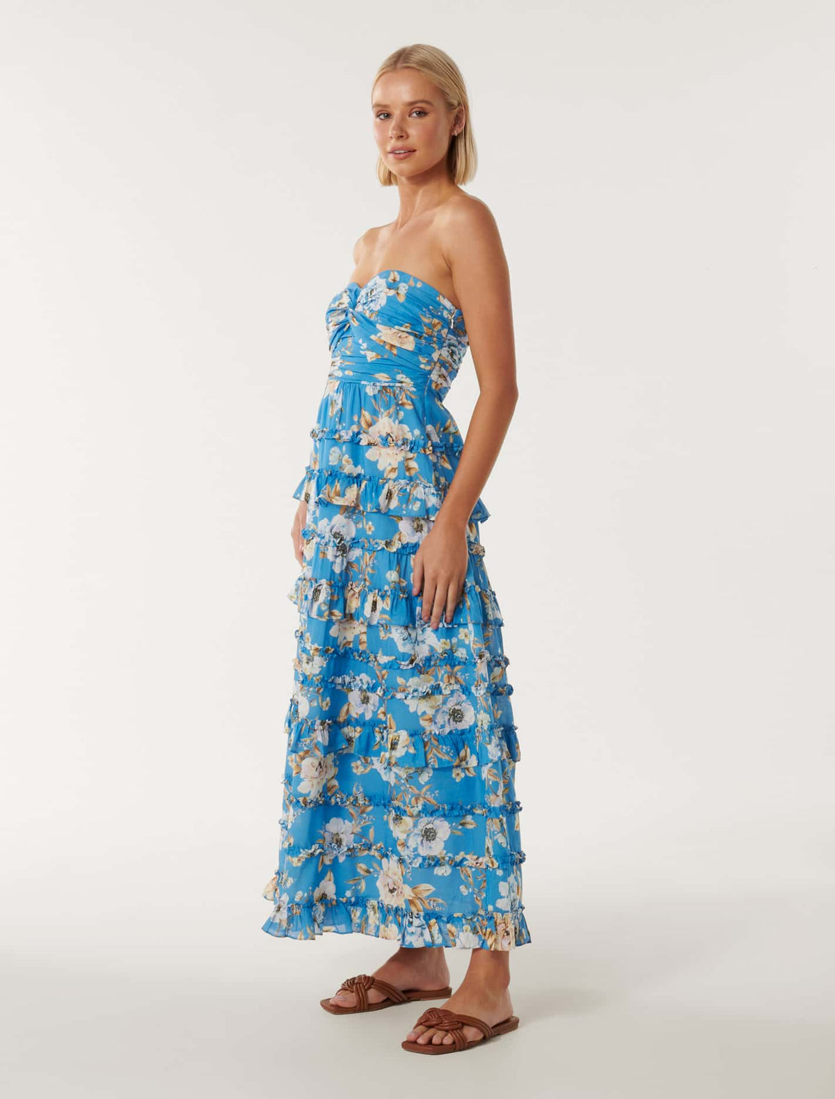 Floreto Strapless Ruffle Maxi Blue Petra Floral_mannequin