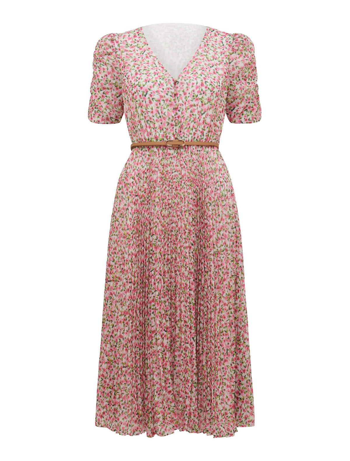 Zari Petite Ruched Sleeve Midi Pink Emery Ditsy_mannequin