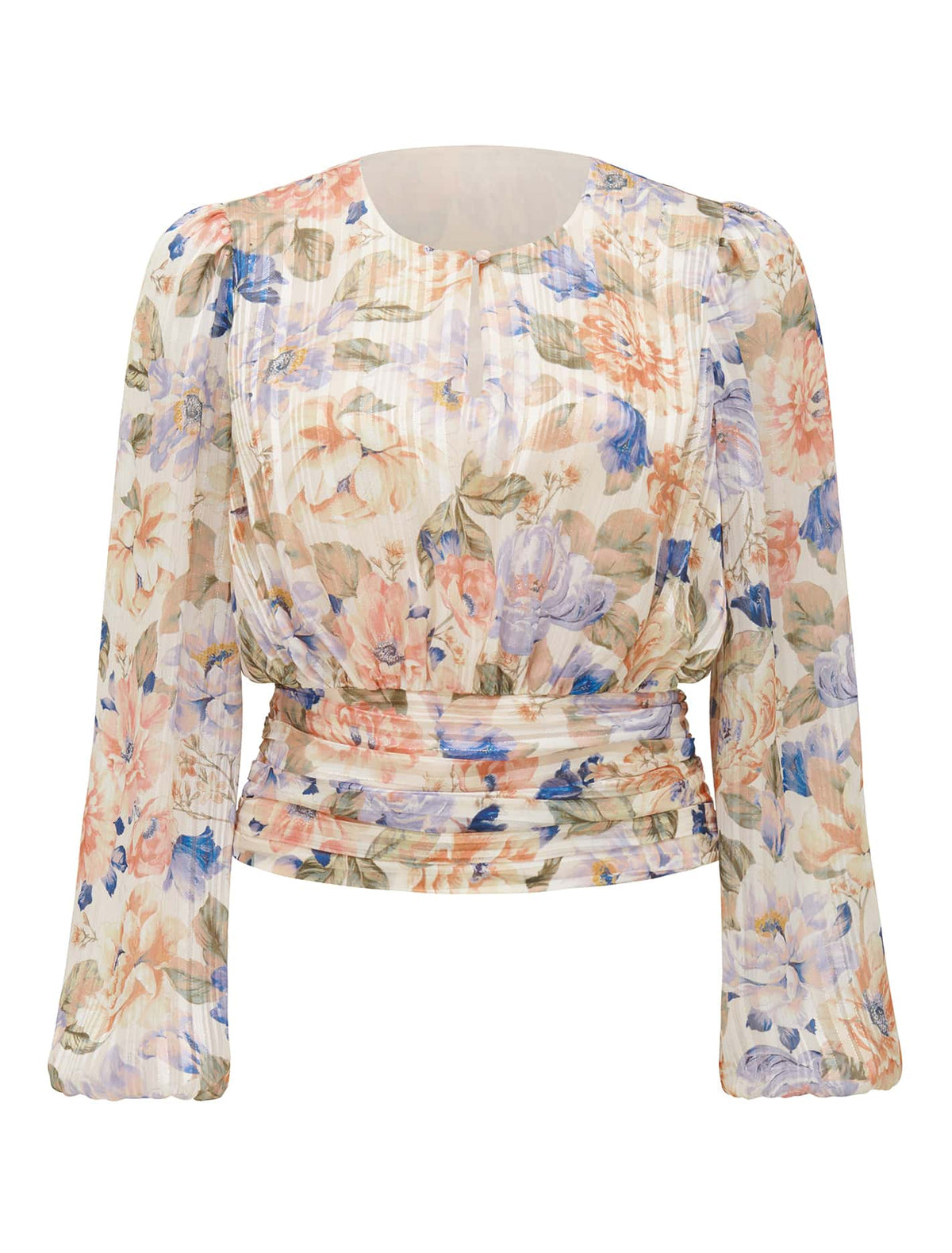 Leighton Printed Self Stripe Blouse Blue Colvin Floral_mannequin
