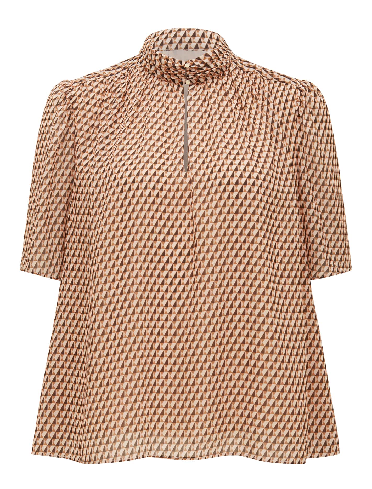 Dana Keyhole Short Sleeve Blouse Camel Tile Geo_mannequin