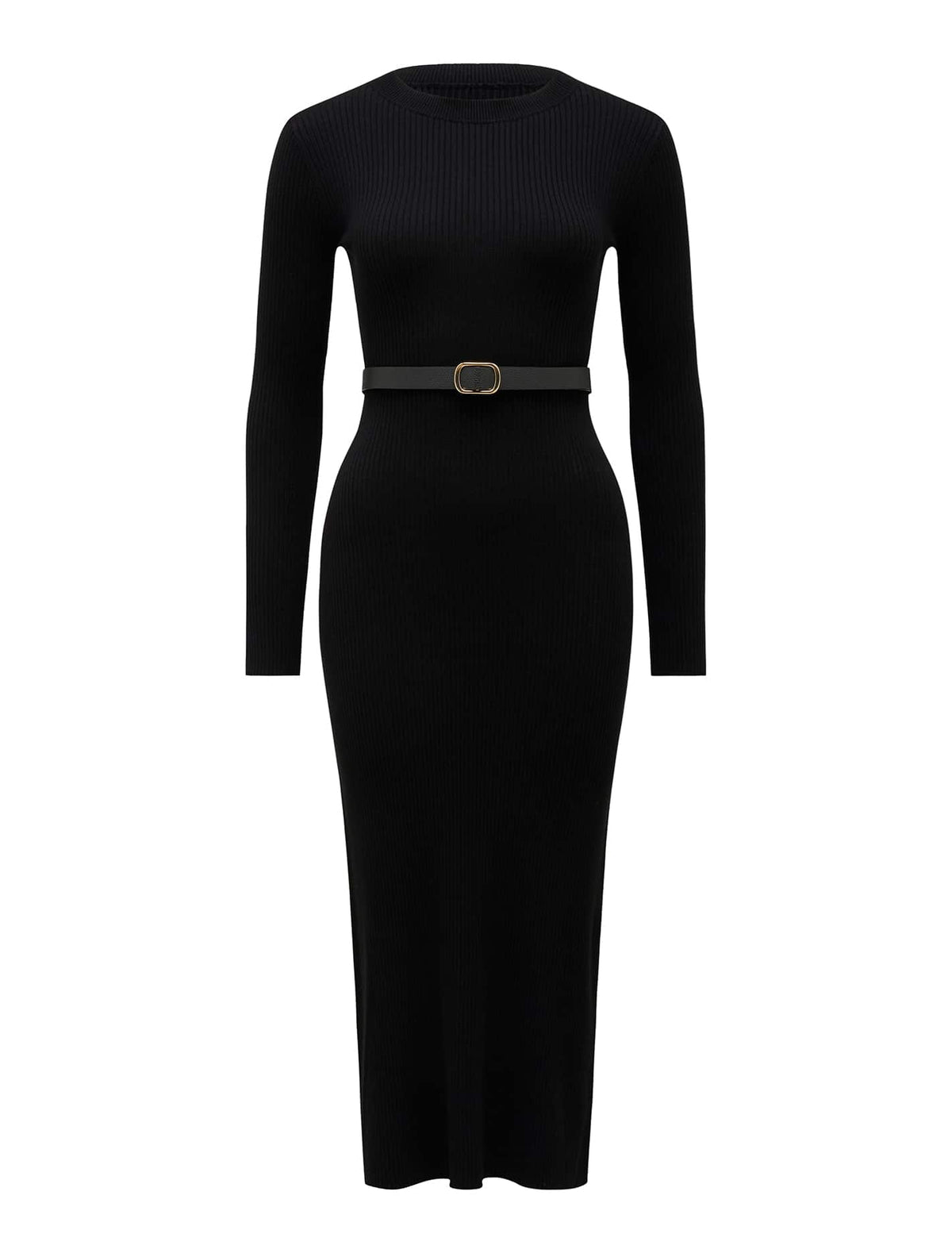 Hannah Petite Belted Midi Knit Dress Black_mannequin
